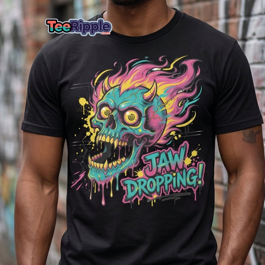 Jaw Dropping Skull T-Shirt - Neon Flame Devil Graphic Tee - Maroon - TeeRipple
