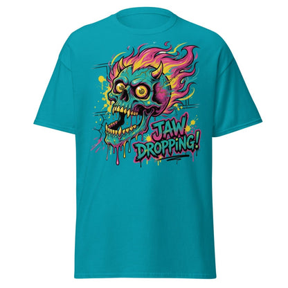 Jaw Dropping Skull T-Shirt - Neon Flame Devil Graphic Tee - Tropical Blue - TeeRipple