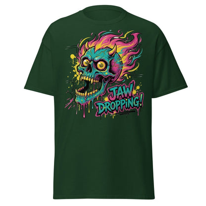 Jaw Dropping Skull T-Shirt - Neon Flame Devil Graphic Tee - Forest Green - TeeRipple