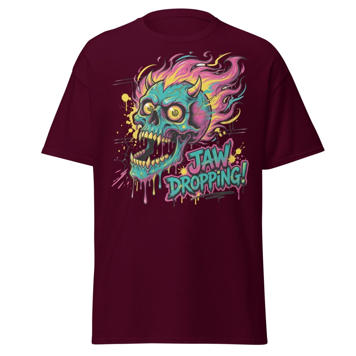 Jaw Dropping Skull T-Shirt - Neon Flame Devil Graphic Tee - Maroon - TeeRipple