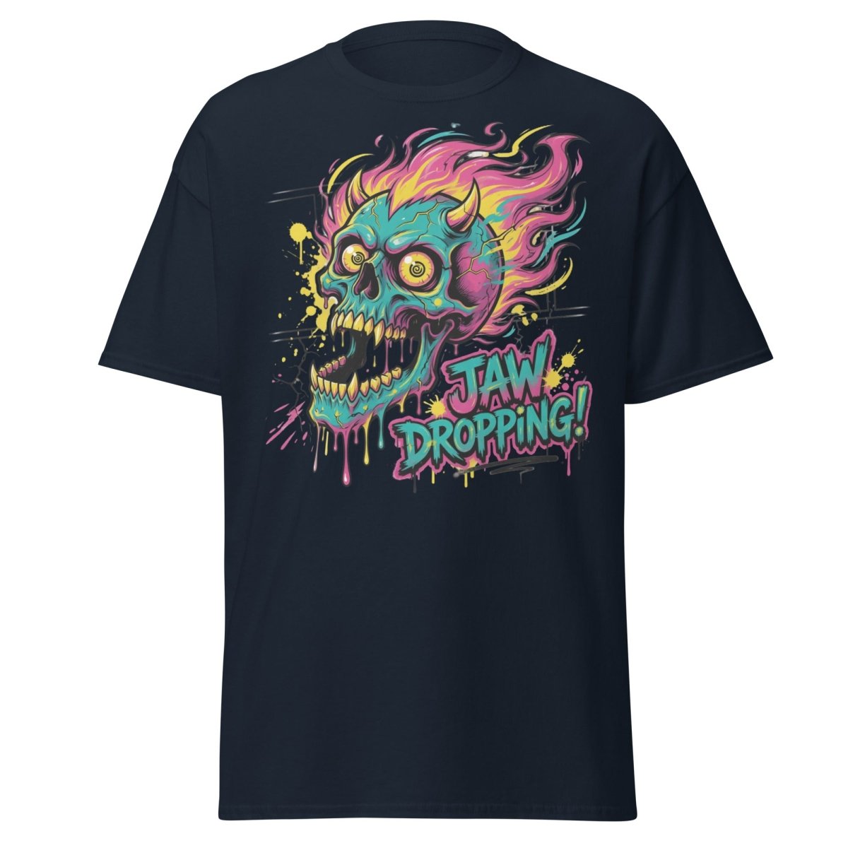 Jaw Dropping Skull T-Shirt - Neon Flame Devil Graphic Tee - Navy - TeeRipple