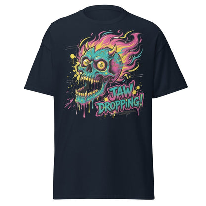 Jaw Dropping Skull T-Shirt - Neon Flame Devil Graphic Tee - Navy - TeeRipple