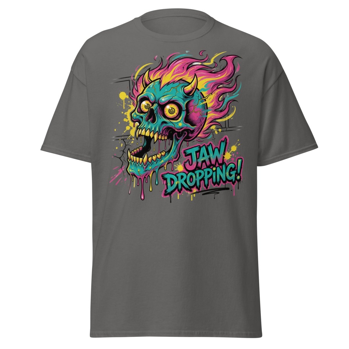 Jaw Dropping Skull T-Shirt - Neon Flame Devil Graphic Tee - Charcoal - TeeRipple