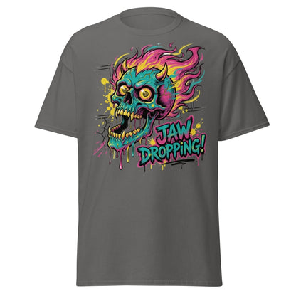 Jaw Dropping Skull T-Shirt - Neon Flame Devil Graphic Tee - Charcoal - TeeRipple