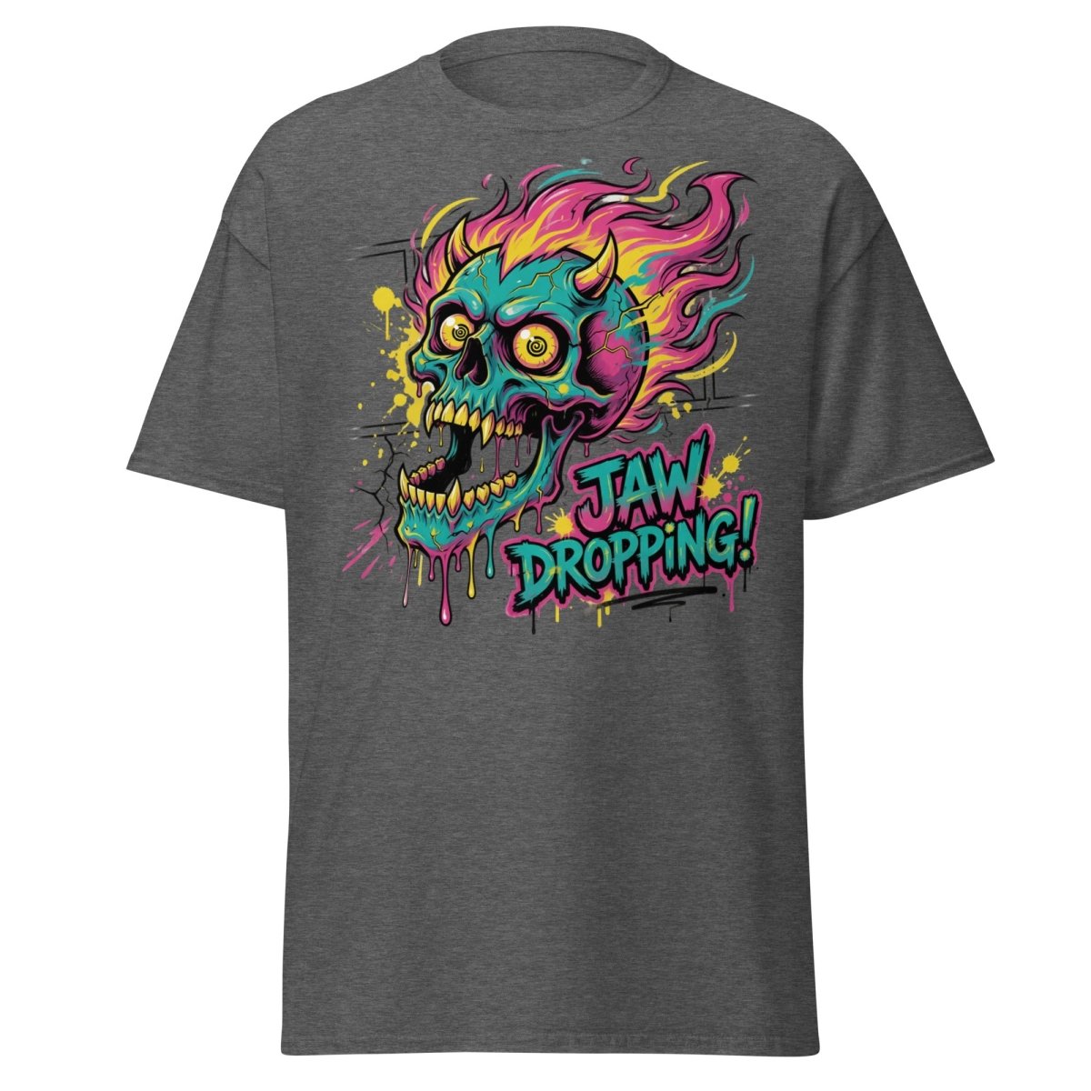 Jaw Dropping Skull T-Shirt - Neon Flame Devil Graphic Tee - Dark Heather - TeeRipple