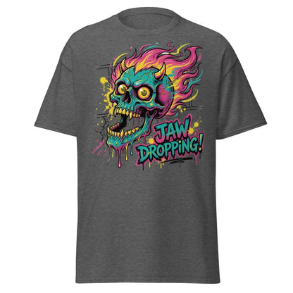 Jaw Dropping Skull T-Shirt - Neon Flame Devil Graphic Tee - Dark Heather - TeeRipple