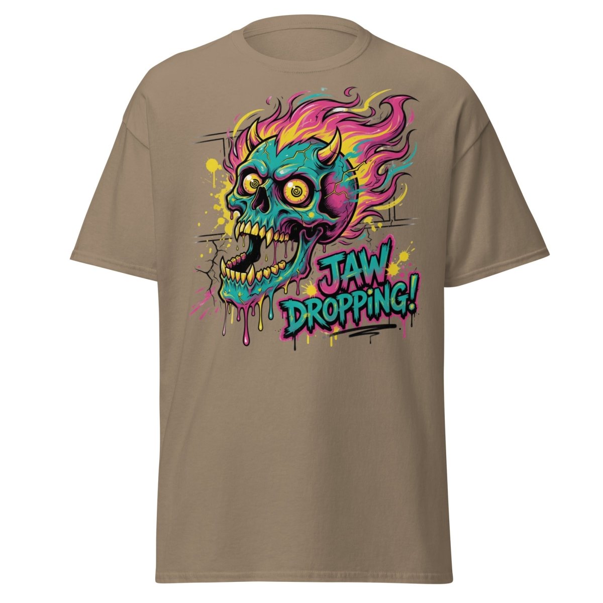 Jaw Dropping Skull T-Shirt - Neon Flame Devil Graphic Tee - Brown Savana - TeeRipple