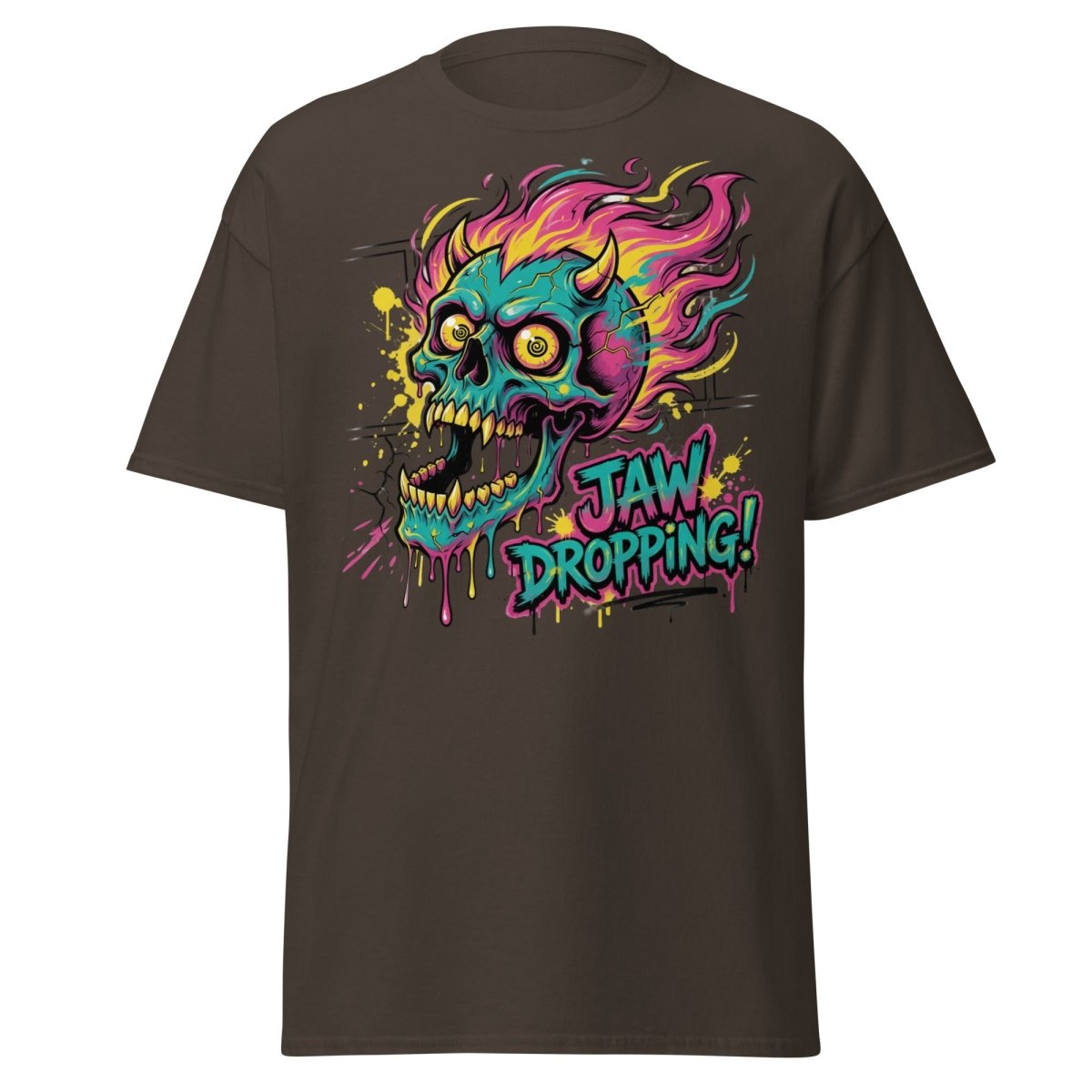 Jaw Dropping Skull T-Shirt - Neon Flame Devil Graphic Tee - Dark Chocolate - TeeRipple