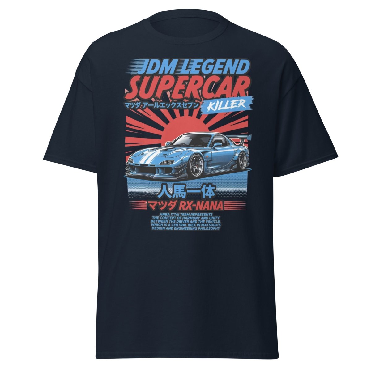 JDM Legend Mazda RX - 7 Supercar T-Shirt - Jinba Ittai - Navy - TeeRipple