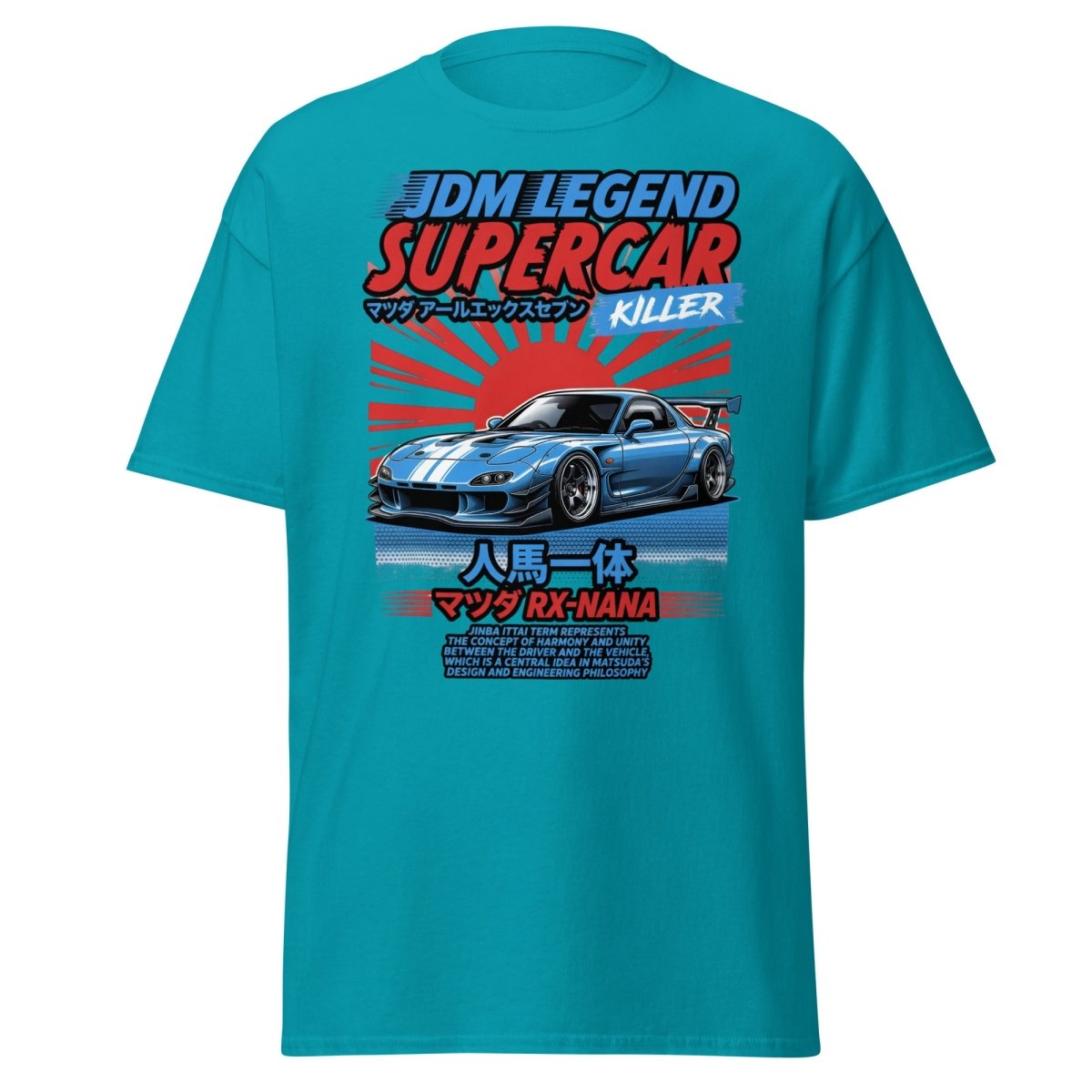 JDM Legend Mazda RX - 7 Supercar T-Shirt - Jinba Ittai - Tropical Blue - TeeRipple