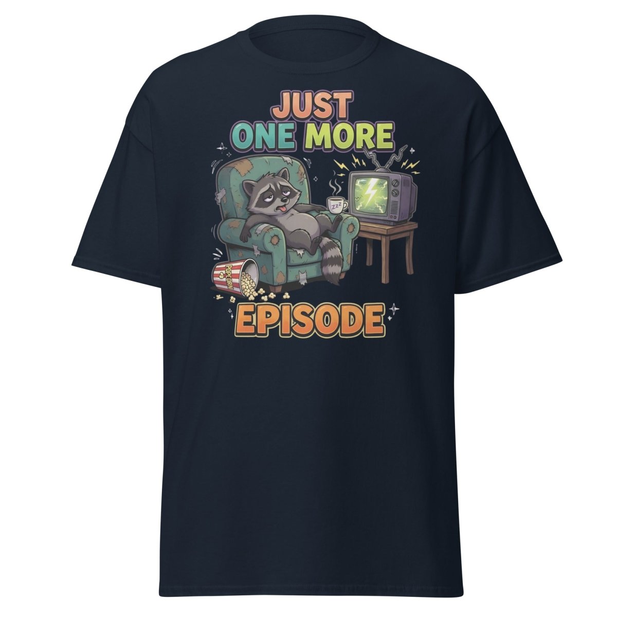 Just One More Episode Raccoon T-Shirt | Binge Watch - Navy - TeeRipple