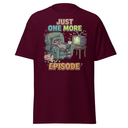 Just One More Episode Raccoon T-Shirt | Binge Watch - Maroon - TeeRipple