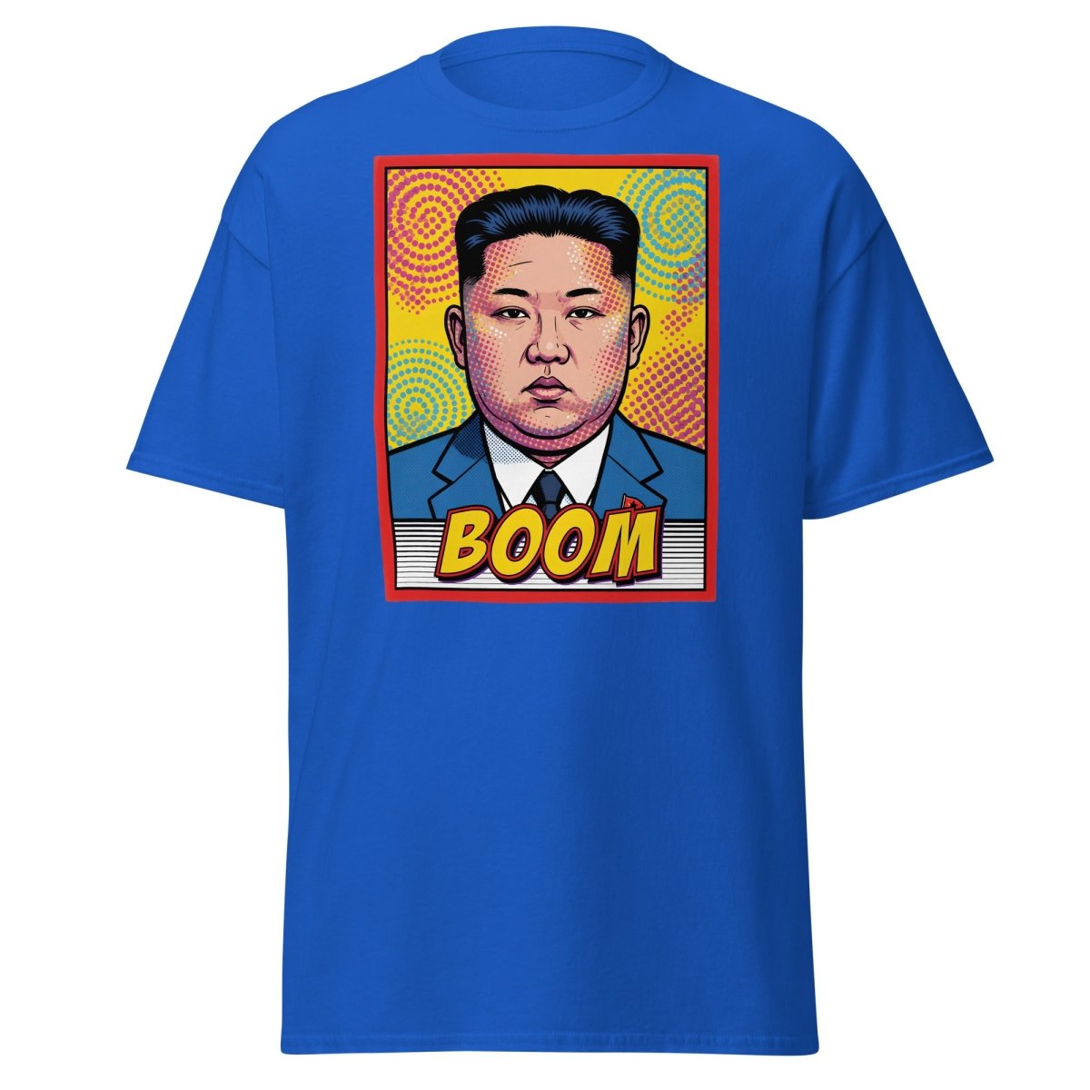 Kim Jong Un BOOM Pop Art T-Shirt | Funny Satire Tee - Royal - TeeRipple
