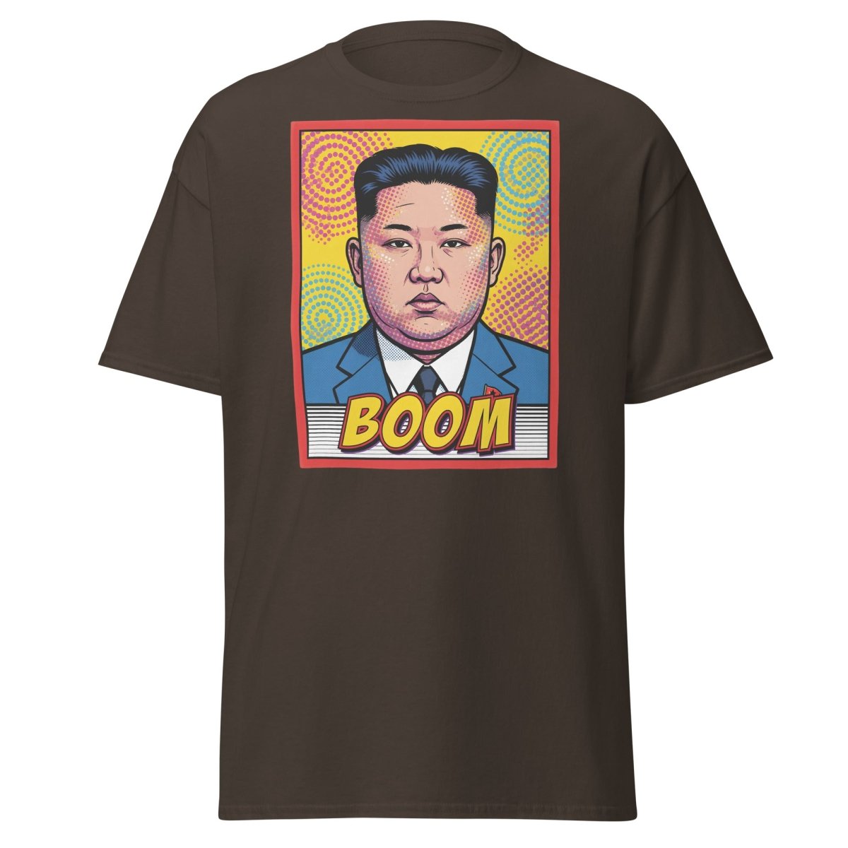 Kim Jong Un BOOM Pop Art T-Shirt | Funny Satire Tee - Dark Chocolate - TeeRipple
