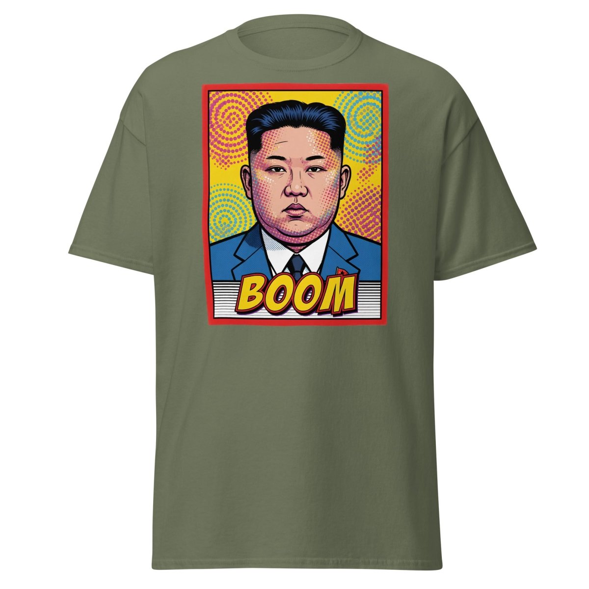 Kim Jong Un BOOM Pop Art T-Shirt | Funny Satire Tee - Military Green - TeeRipple