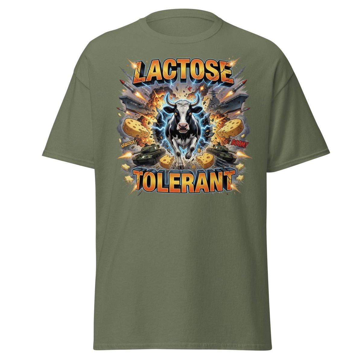 Lactose Tolerant Cow T-Shirt Funny Dairy Pun - Military Green - TeeRipple