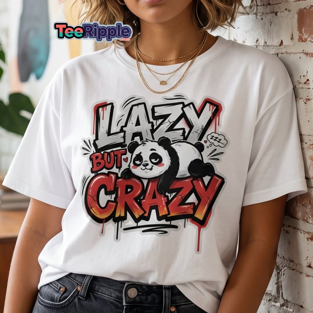 Lazy But Crazy Panda T-Shirt | Funny Graffiti Graphic Tee - Maroon - TeeRipple