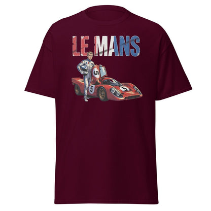 Le Mans Steve McQueen Porsche 917 Racing T-Shirt - Maroon - TeeRipple
