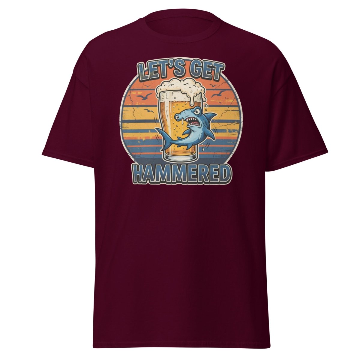 Let's Get Hammered Hammerhead Shark Beer T-Shirt - Maroon - TeeRipple