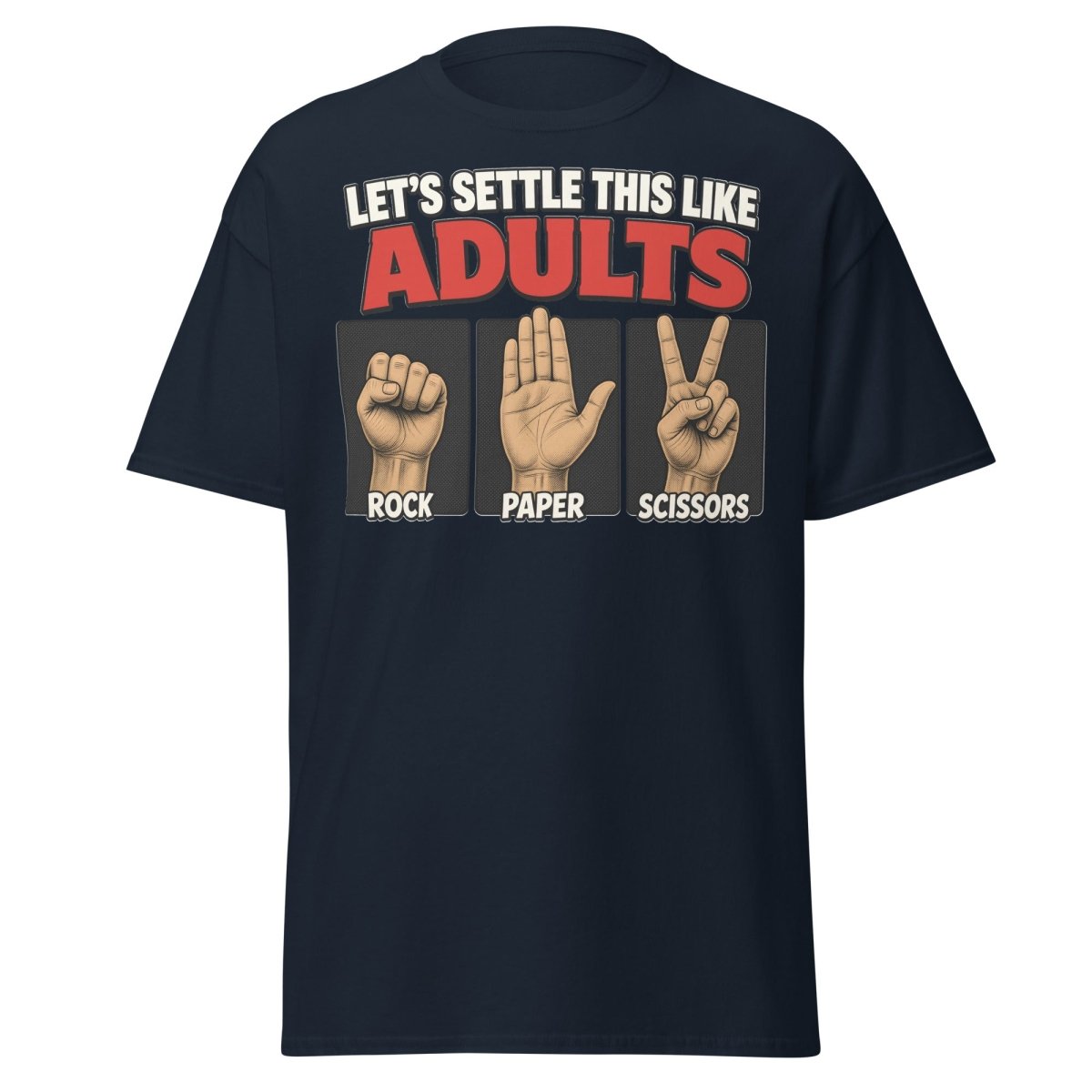 Let's Settle This Like Adults Rock Paper Scissors Tee - Navy - TeeRipple