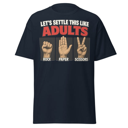 Let's Settle This Like Adults Rock Paper Scissors Tee - Navy - TeeRipple
