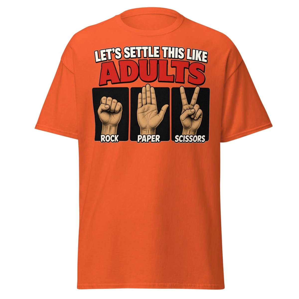 Let's Settle This Like Adults Rock Paper Scissors Tee - Orange - TeeRipple