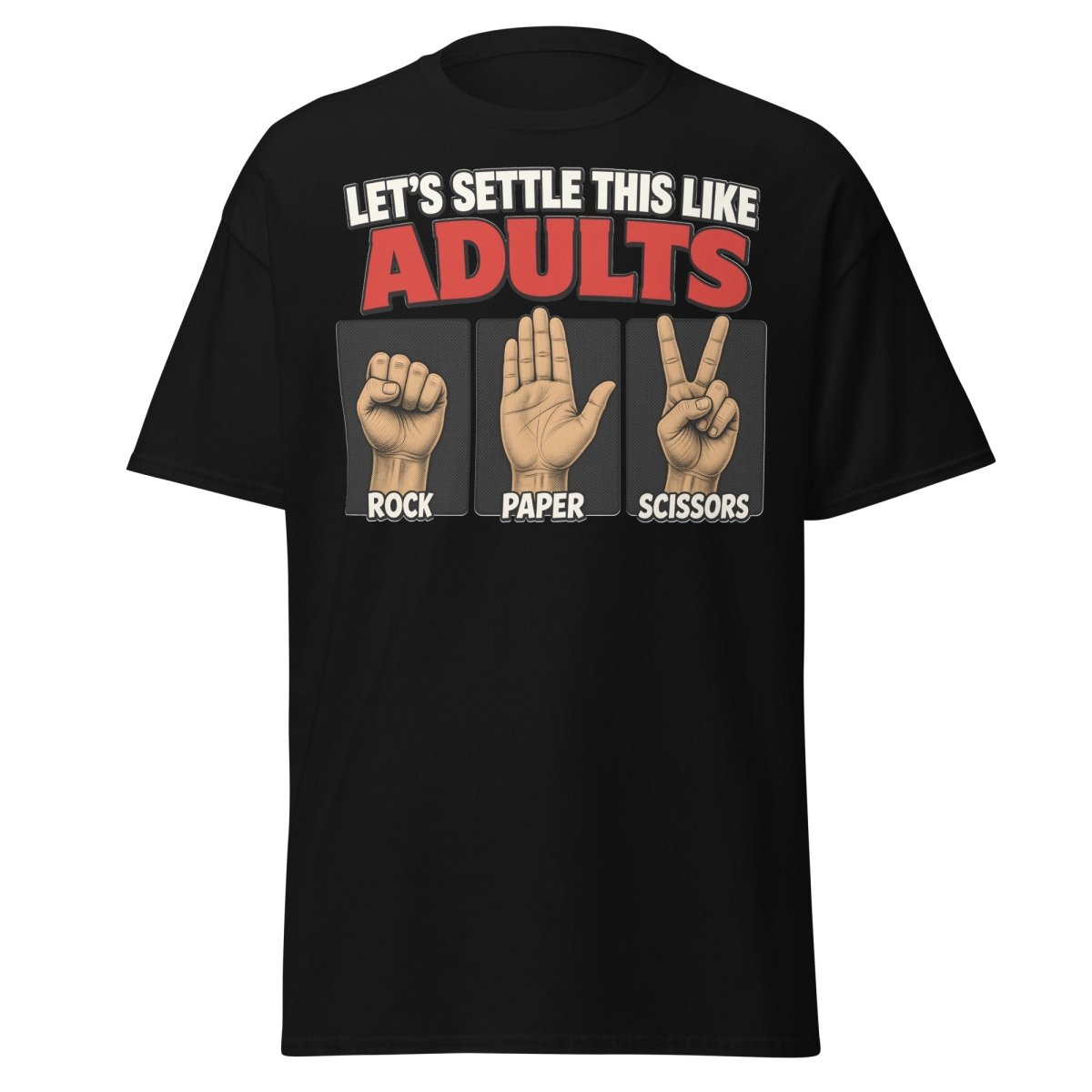 Let's Settle This Like Adults Rock Paper Scissors Tee - Black - TeeRipple