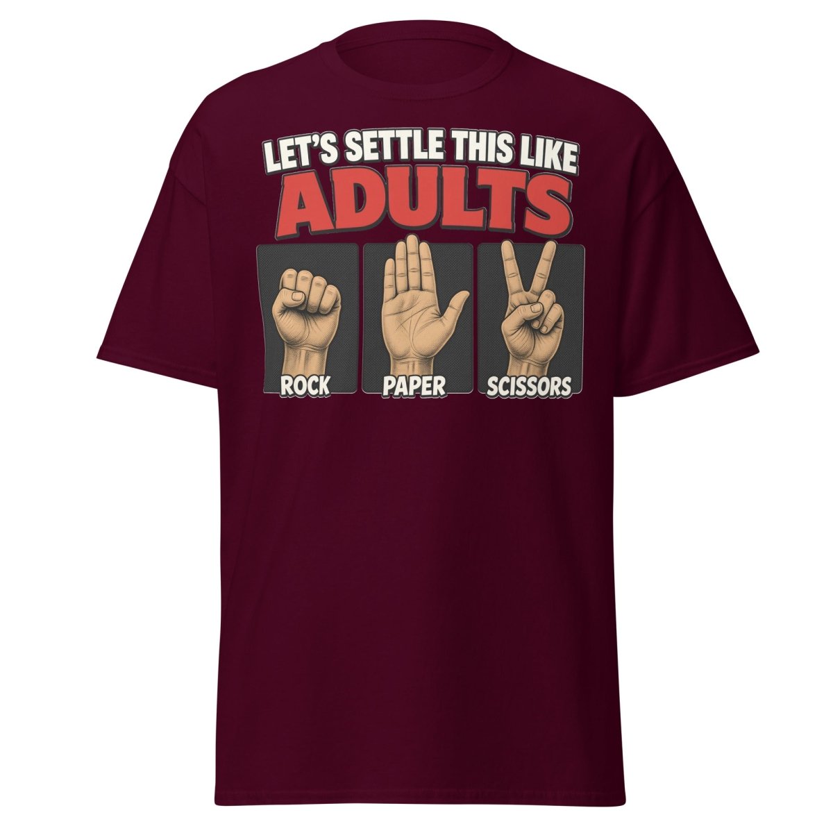 Let's Settle This Like Adults Rock Paper Scissors Tee - Maroon - TeeRipple