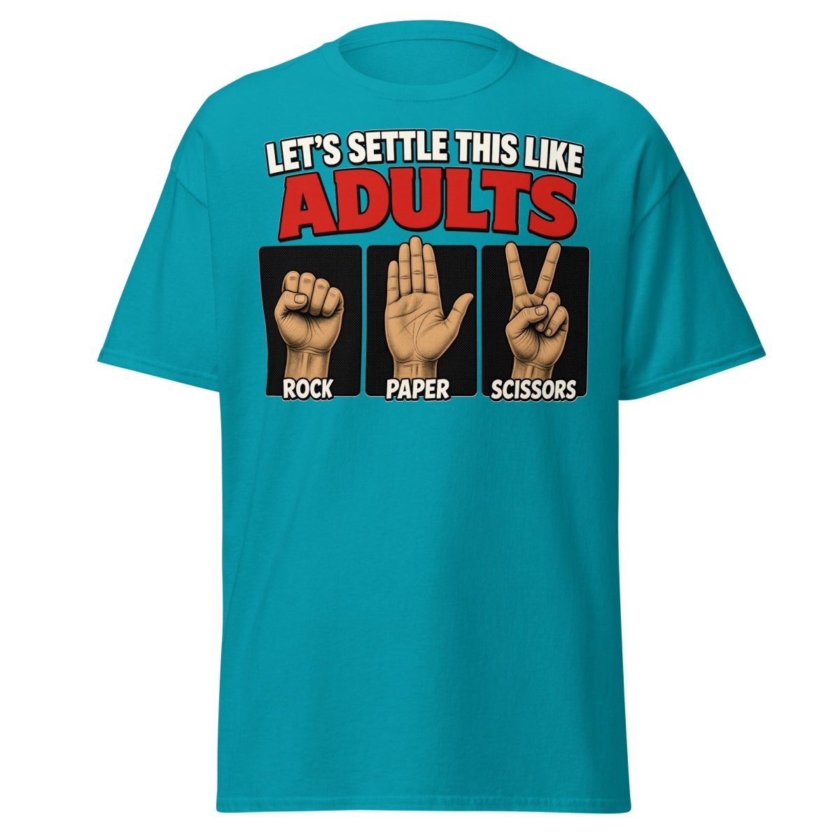 Let's Settle This Like Adults Rock Paper Scissors Tee - Tropical Blue - TeeRipple