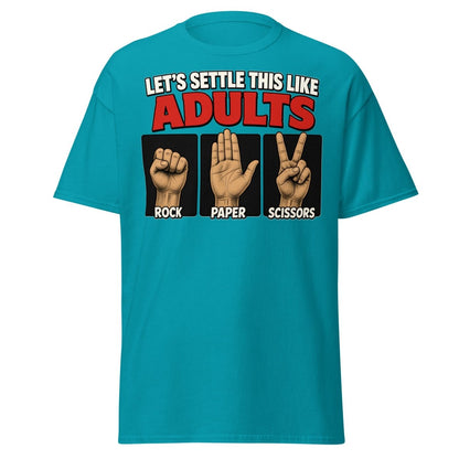 Let's Settle This Like Adults Rock Paper Scissors Tee - Tropical Blue - TeeRipple