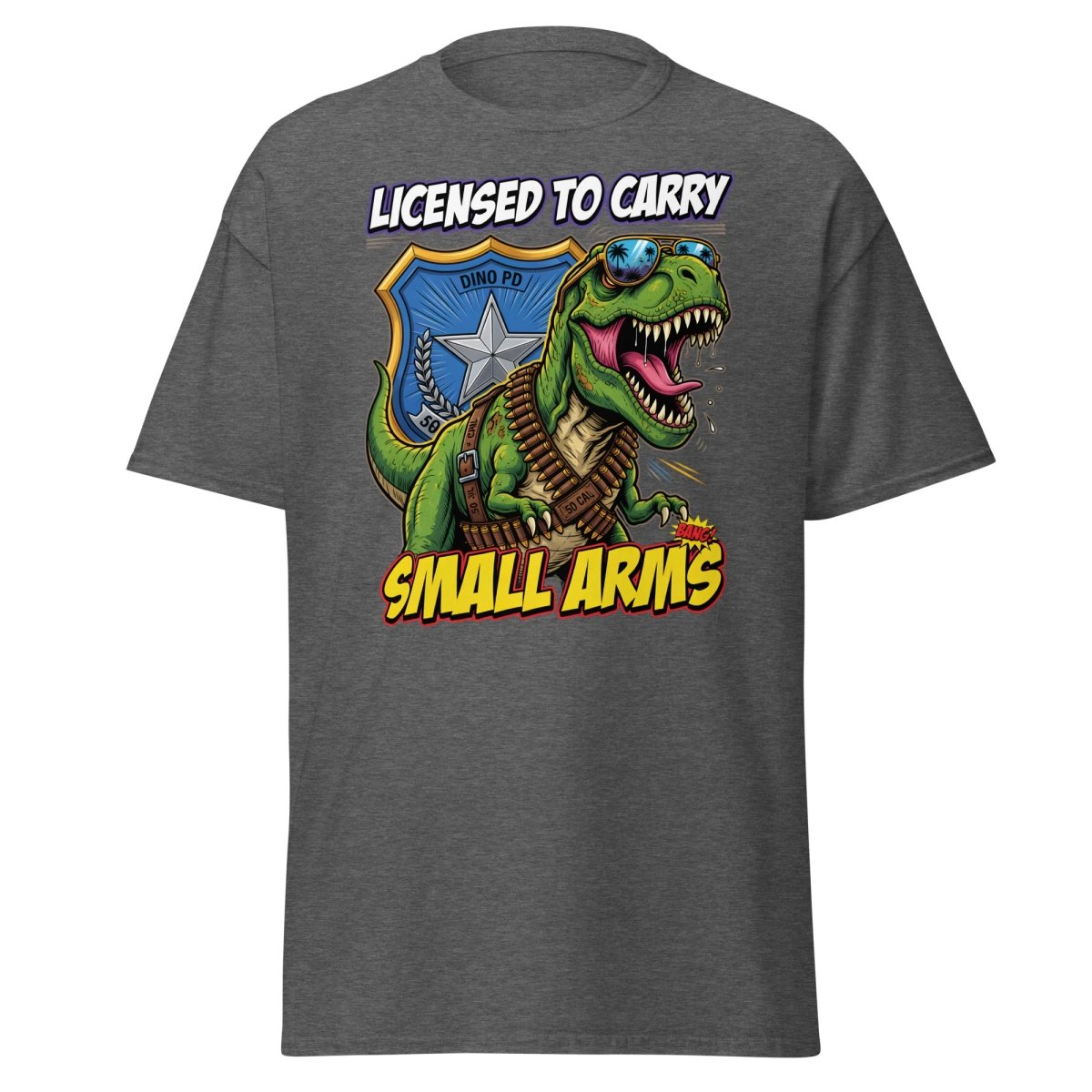 Licensed to Carry Small Arms T - Rex Funny T-Shirt - Dark Heather - TeeRipple