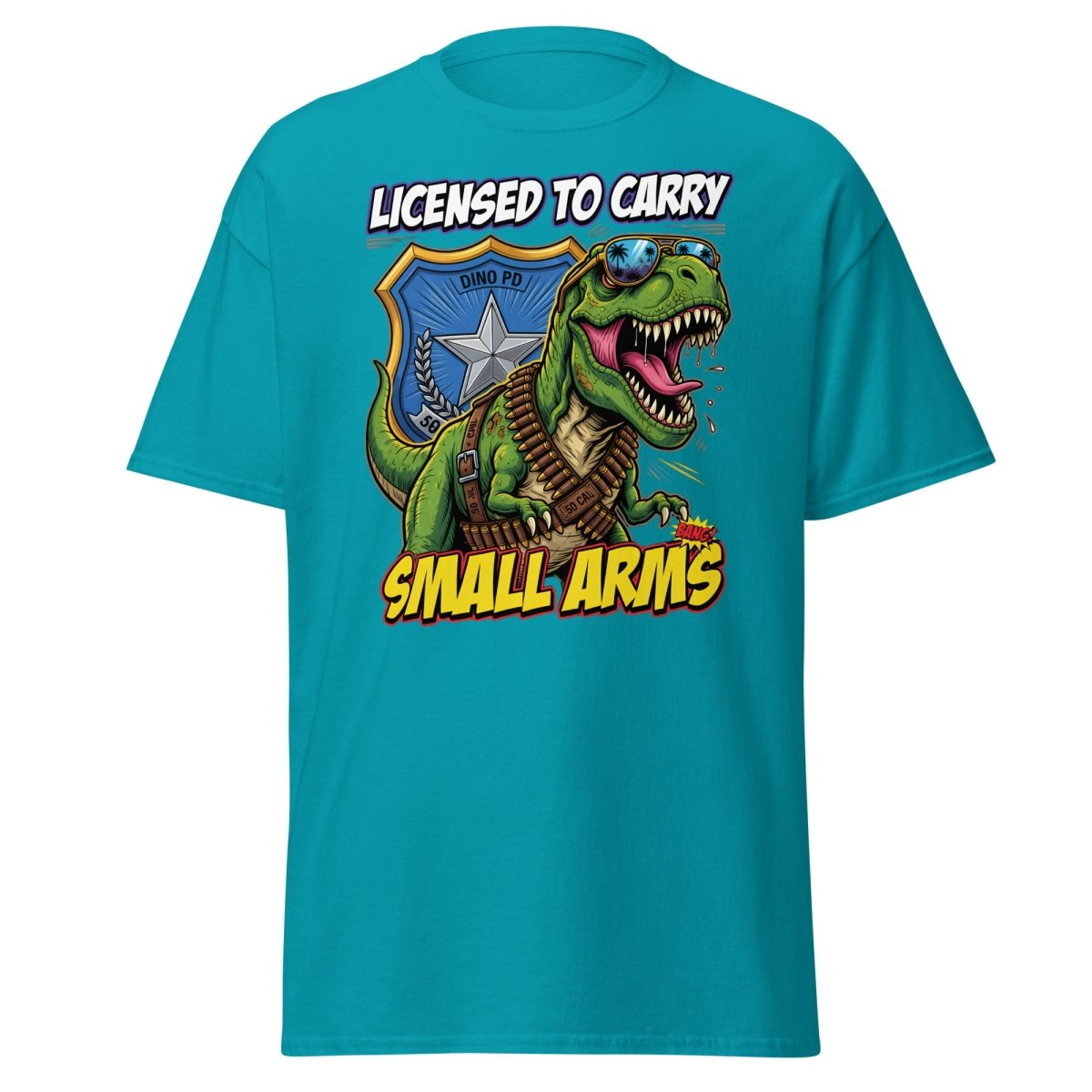 Licensed to Carry Small Arms T - Rex Funny T-Shirt - Tropical Blue - TeeRipple