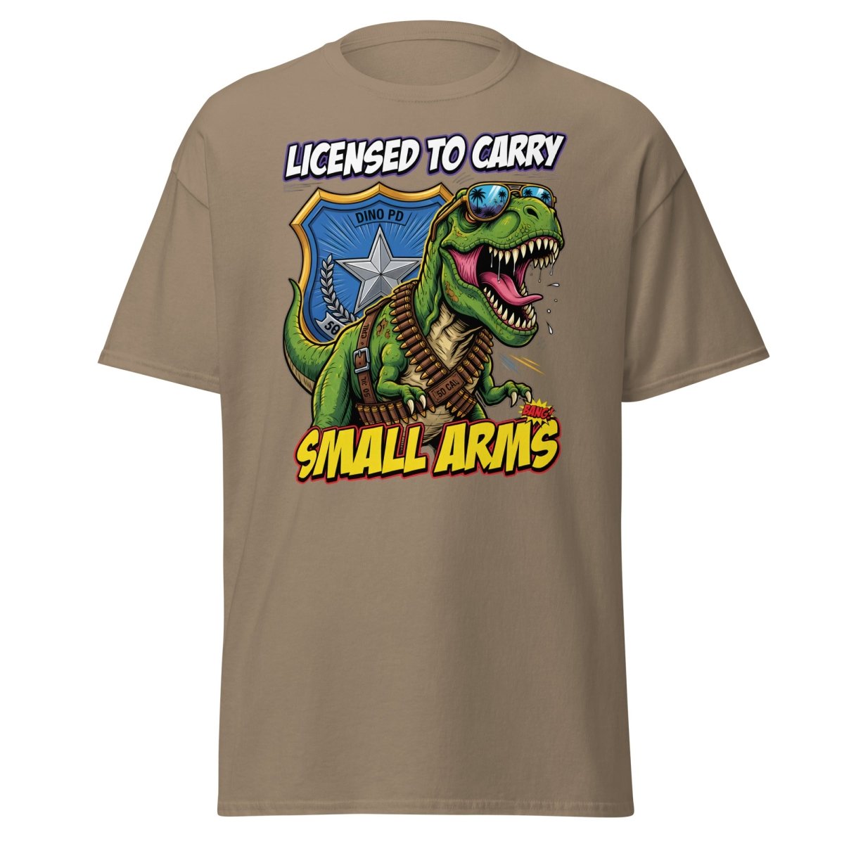 Licensed to Carry Small Arms T - Rex Funny T-Shirt - Brown Savana - TeeRipple