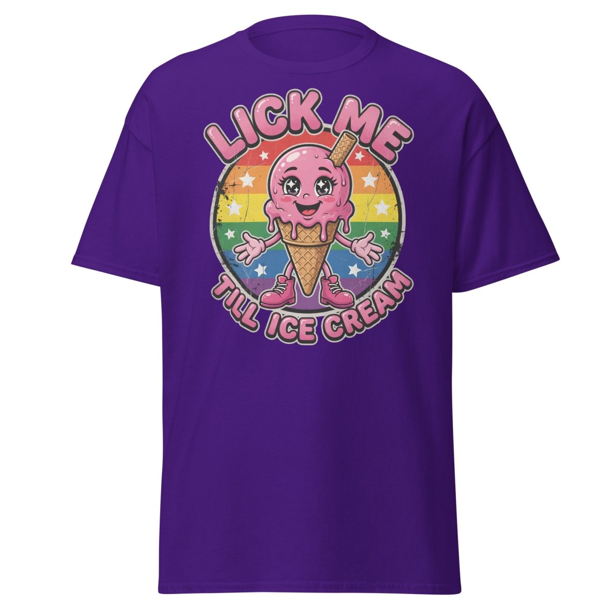 Lick Me Till Ice Cream Funny T-Shirt | Rainbow Adult Humor Tee - Purple - TeeRipple