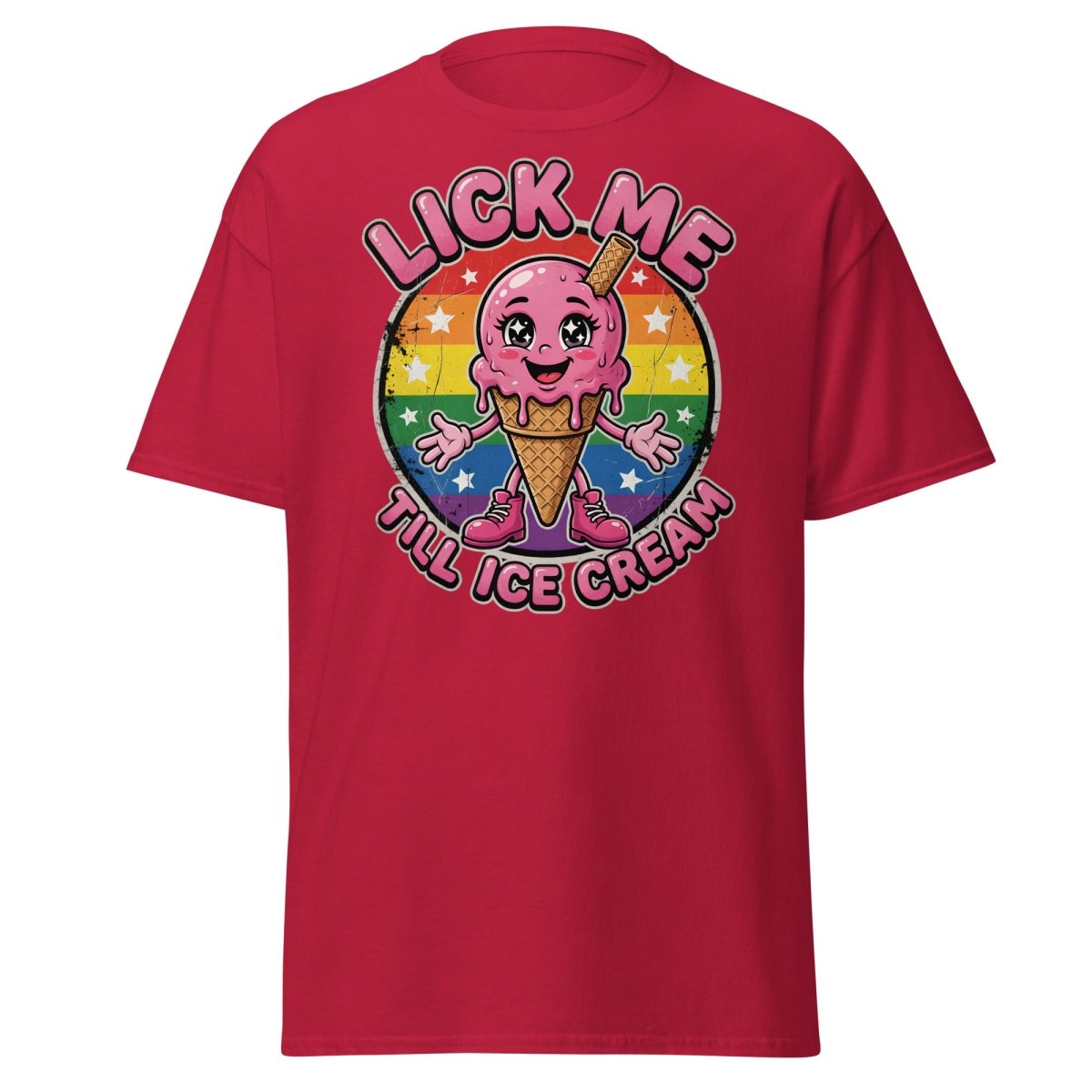 Lick Me Till Ice Cream Funny T-Shirt | Rainbow Adult Humor Tee - Cardinal - TeeRipple