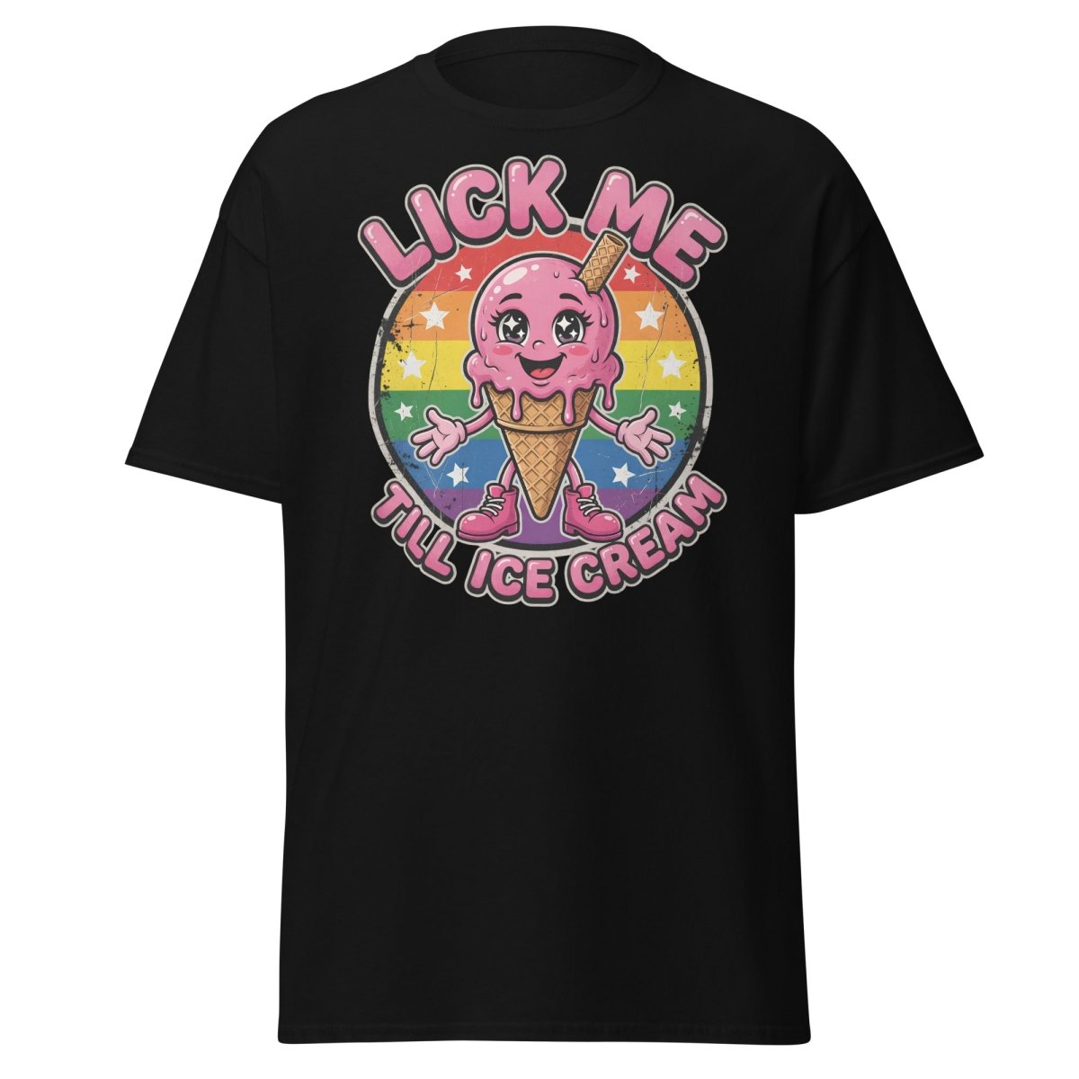 Lick Me Till Ice Cream Funny T-Shirt | Rainbow Adult Humor Tee - Black - TeeRipple