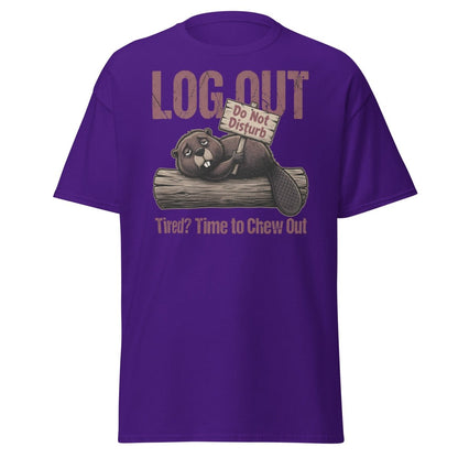 Log Out Tired Beaver Do Not Disturb Funny T-Shirt - Purple - TeeRipple