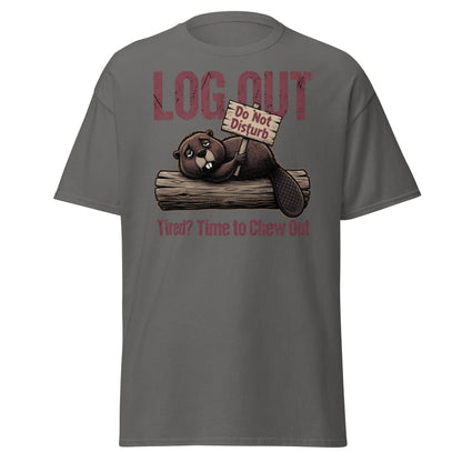 Log Out Tired Beaver Do Not Disturb Funny T-Shirt - Charcoal - TeeRipple
