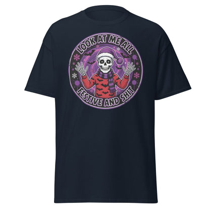 Look At Me All Festive And Shit Skeleton T-Shirt - Navy - TeeRipple