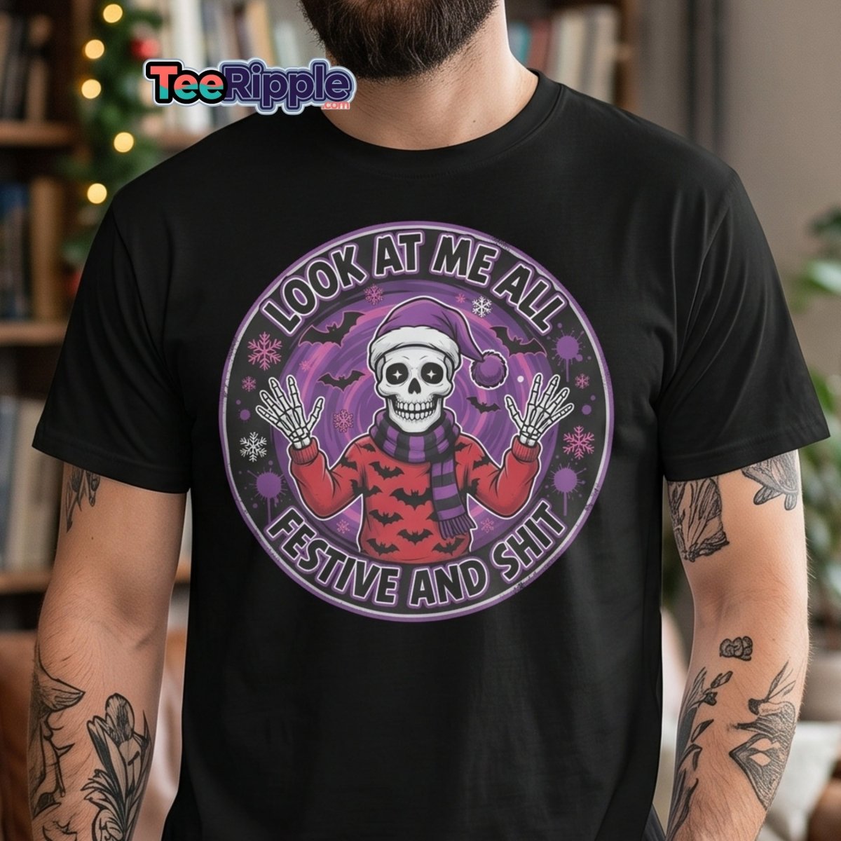 Look At Me All Festive And Shit Skeleton T-Shirt - Maroon - TeeRipple