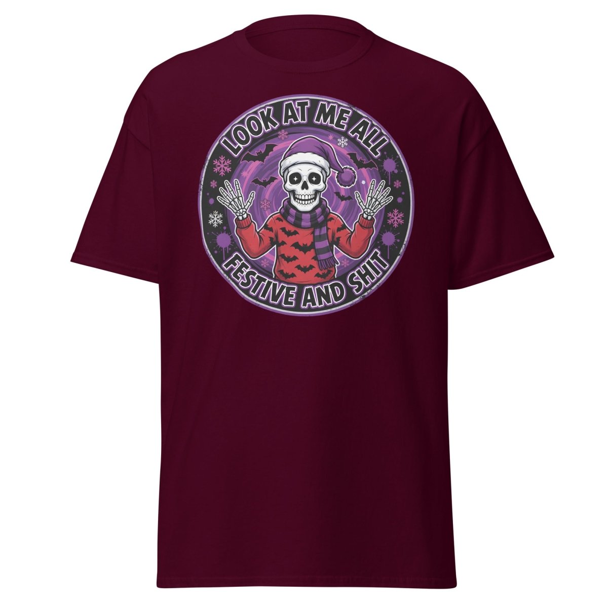 Look At Me All Festive And Shit Skeleton T-Shirt - Maroon - TeeRipple