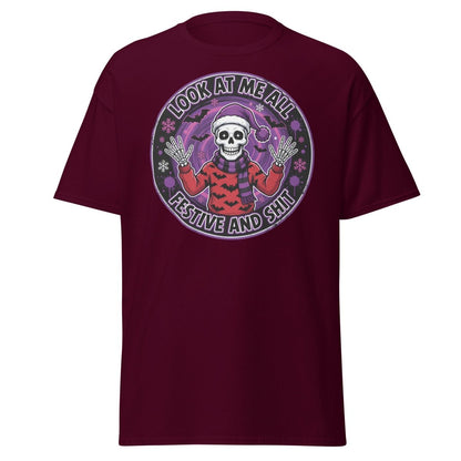Look At Me All Festive And Shit Skeleton T-Shirt - Maroon - TeeRipple