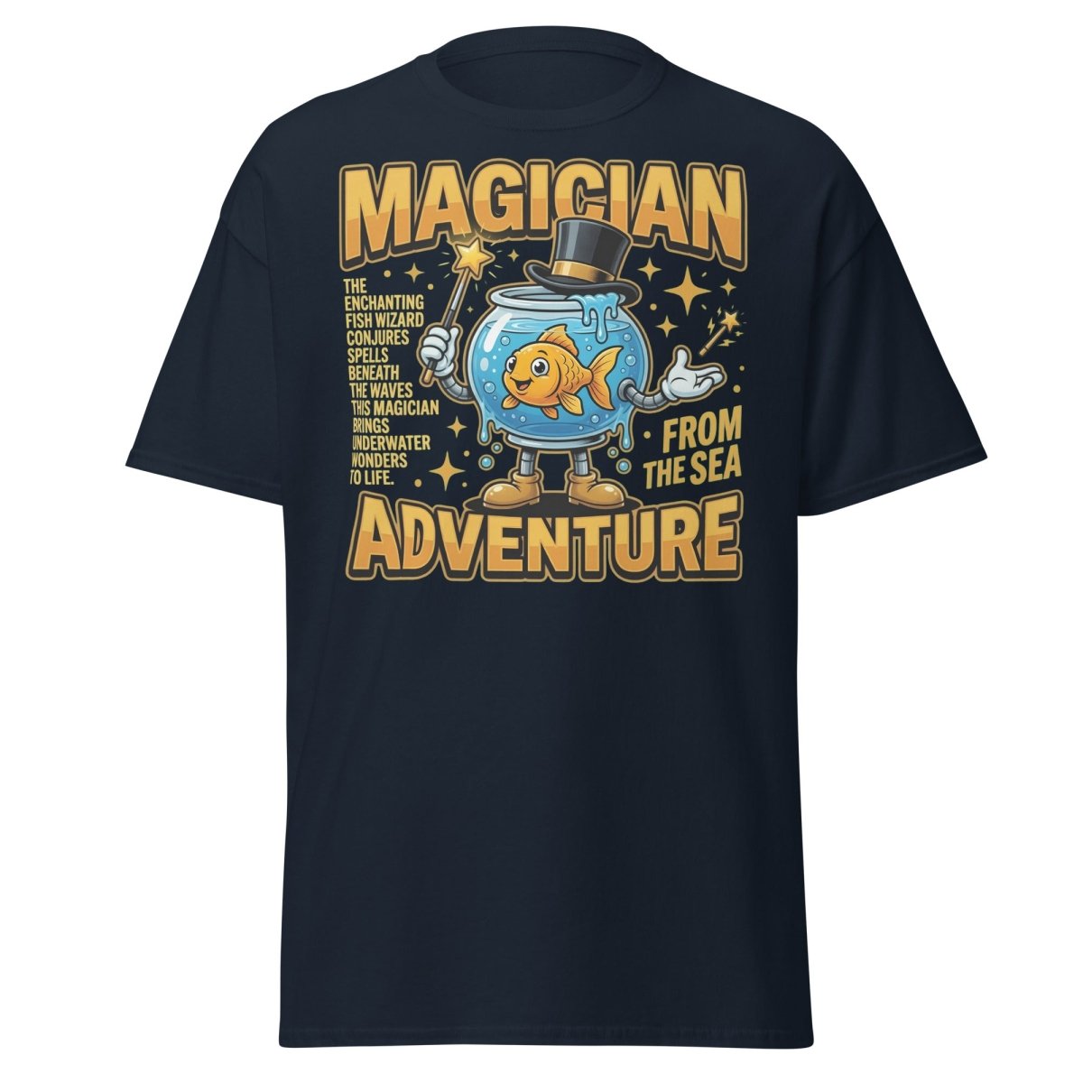 Magician Fish Adventure Tee – Funny Underwater Wizard Shirt - Navy - TeeRipple