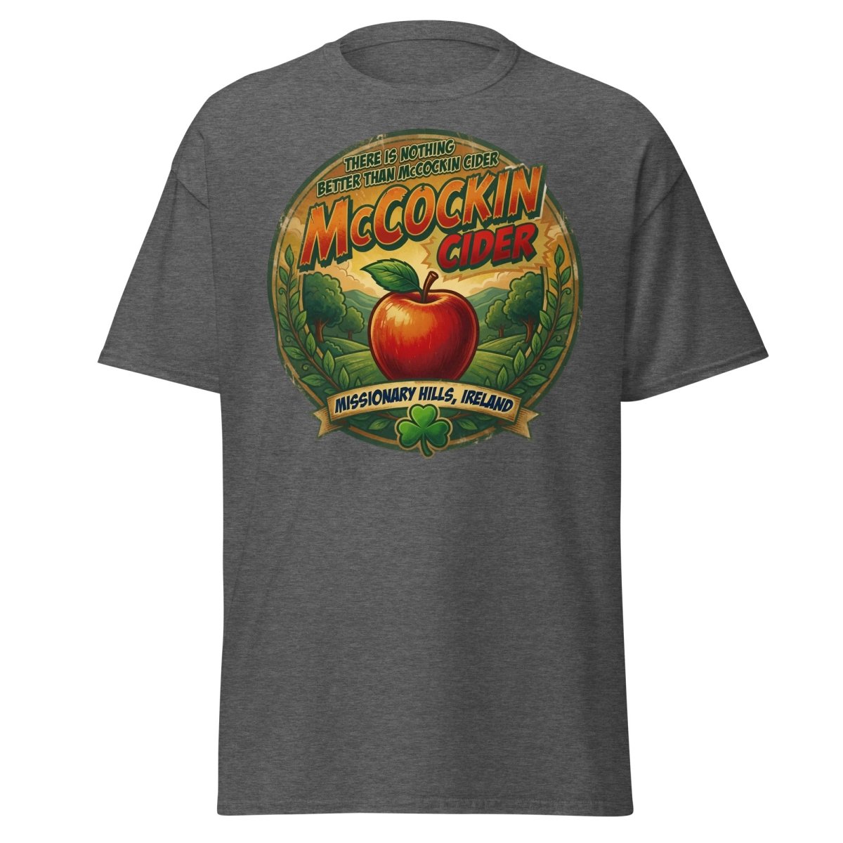 McCockin Cider Funny Pun T-Shirt – Adult Irish Humor Tee - Dark Heather - TeeRipple