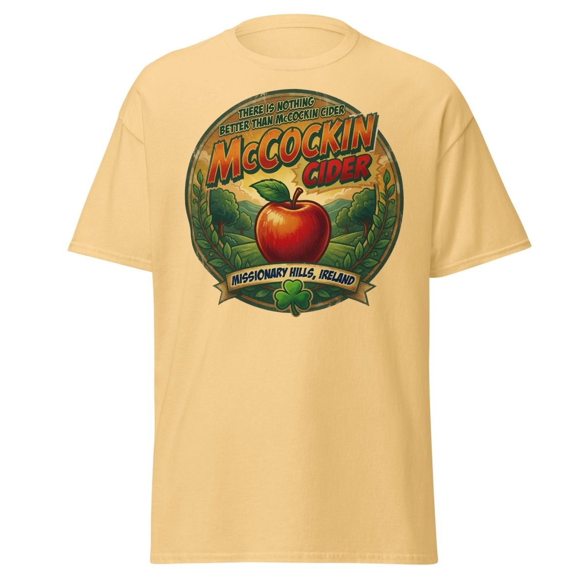 McCockin Cider Funny Pun T-Shirt – Adult Irish Humor Tee - Yellow Haze - TeeRipple