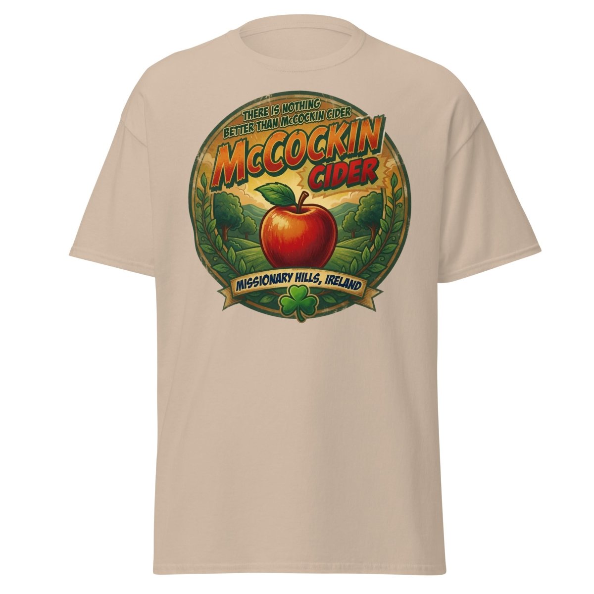 McCockin Cider Funny Pun T-Shirt – Adult Irish Humor Tee - Sand - TeeRipple