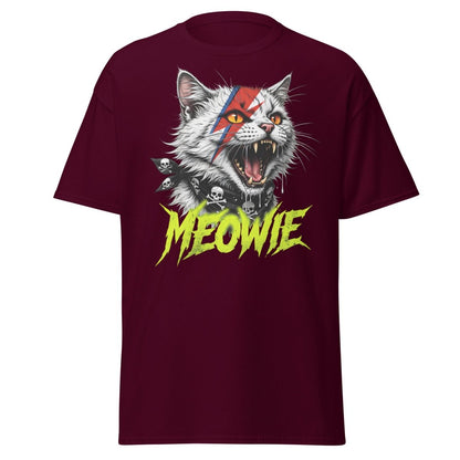 Meowie Cat T-Shirt | David Bowie Lightning Rock Tee - Maroon - TeeRipple