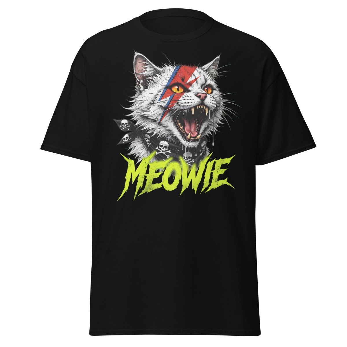 Meowie Cat T-Shirt | David Bowie Lightning Rock Tee - Black - TeeRipple