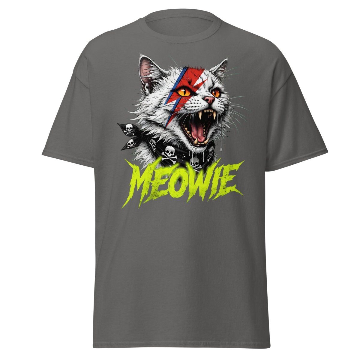 Meowie Cat T-Shirt | David Bowie Lightning Rock Tee - Charcoal - TeeRipple