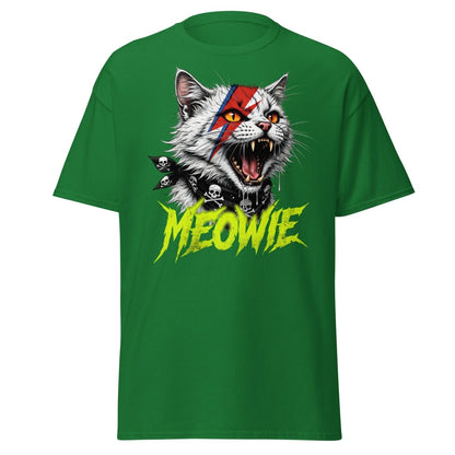 Meowie Cat T-Shirt | David Bowie Lightning Rock Tee - Turf Green - TeeRipple